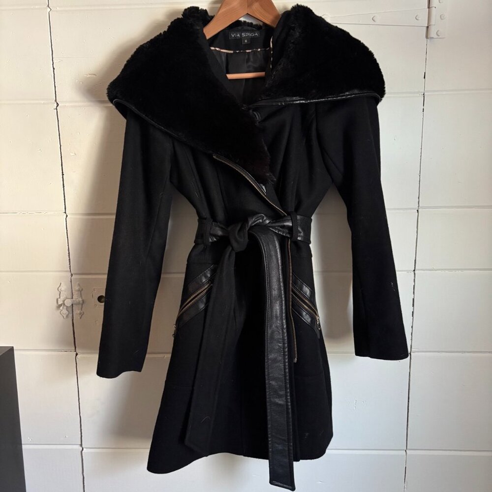 Faux Leather & Wool Blend Coat with Faux Fur Collar